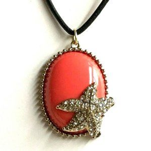 Coral Starfish Necklace Gold Plated Pendant Cabachon Peach 24" Leather Chain